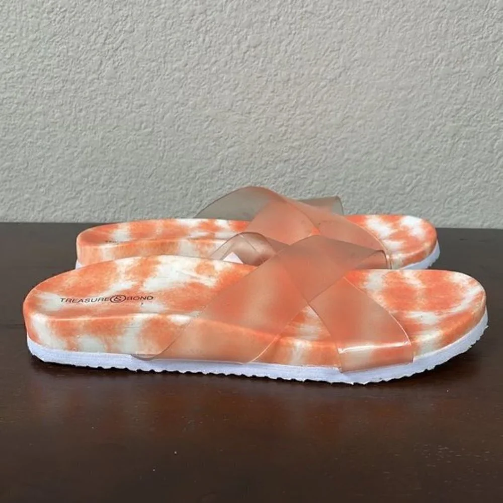New Treasure & Bond Girls Ellie Clear Cross Toe Tie Dye Orange Slide Sandals 5